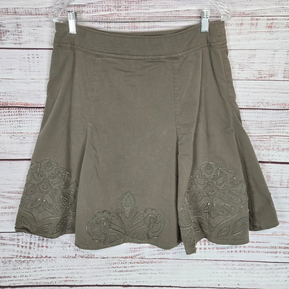 Coldwater Creek Olive Green Embroider Flare Pleated Skirt 10/12 Whimsigoth Boho